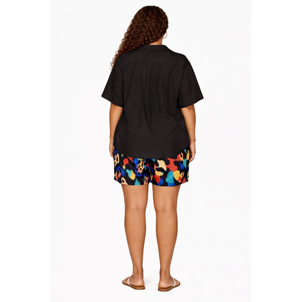 Black Button Up Shirt and Multicolor Striped Shorts Set  Casual Chic TwoPiece