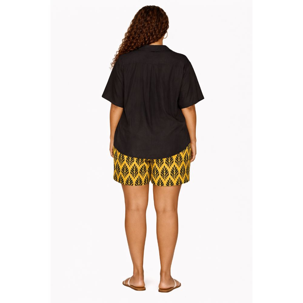 Black Button Up Shirt & Yellow Ankara Leaf Shorts Set Chic Casual Two Piece