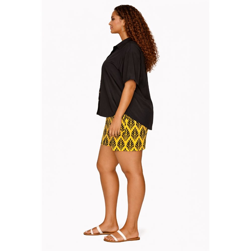 Black Button Up Shirt & Yellow Ankara Leaf Shorts Set Chic Casual Two Piece