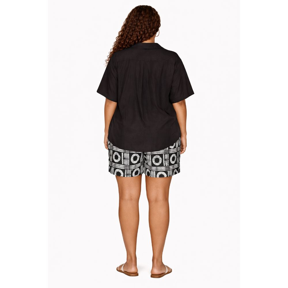 Black Button Up Shirt & Monochrome Ankara Shorts Set Classic Casual Two Piece
