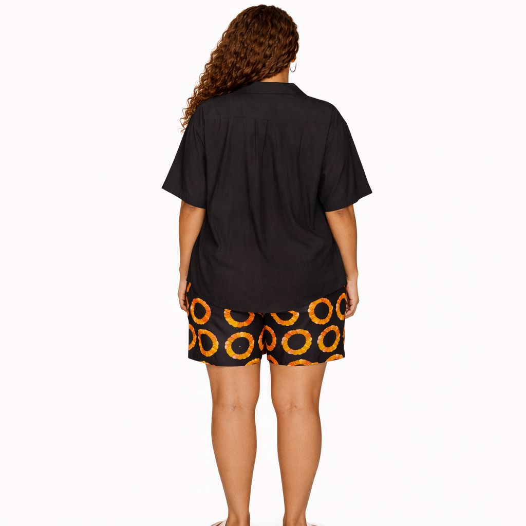 Black Button Up Shirt and Orange Ankara Circle Shorts Set Bold Casual Two Piece