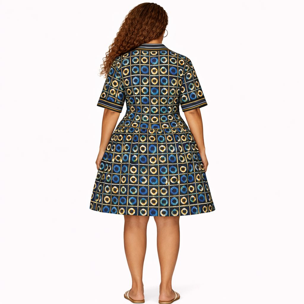 Blue Ankara Flared Mini Dress  Structured African Print Statement Dress