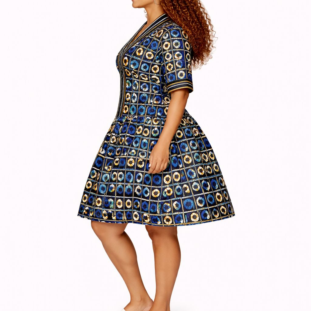Blue Ankara Flared Mini Dress  Structured African Print Statement Dress