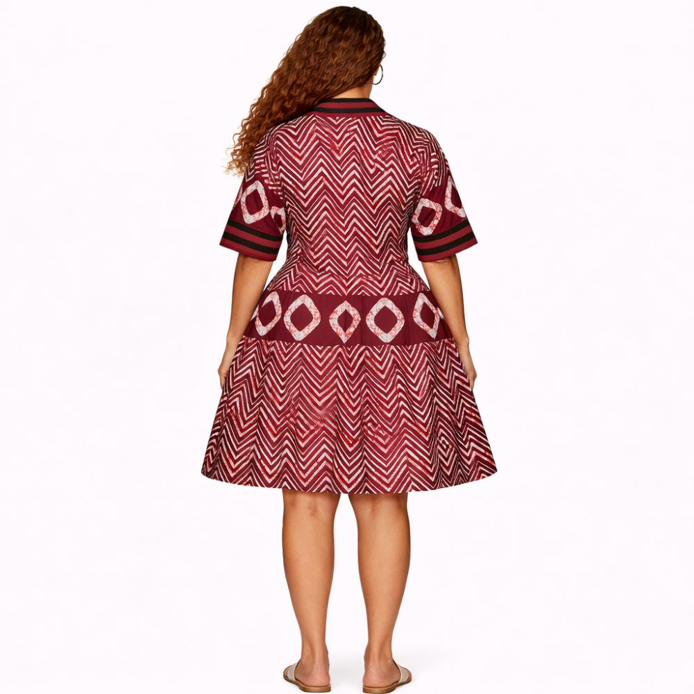 Burgundy Ankara Flared Mini Dress Bold Structured African Print Dress