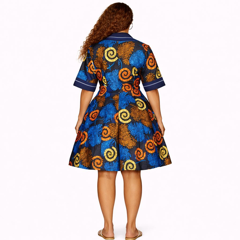 Blue Ankara Flared Mini Dress Multicolor Spiral Print Statement