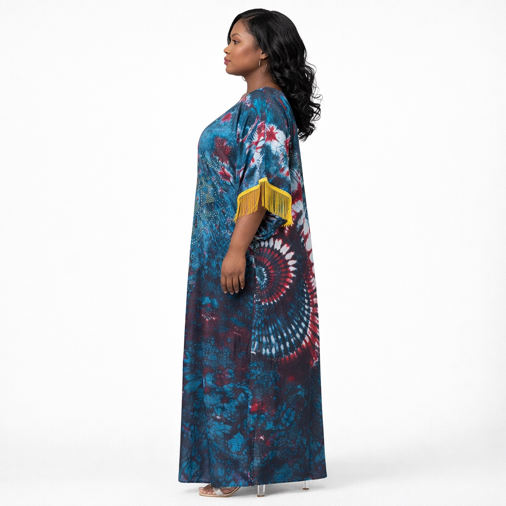 Tie Dye Print Embellished Kaftan Dress with Tassel Sleeves