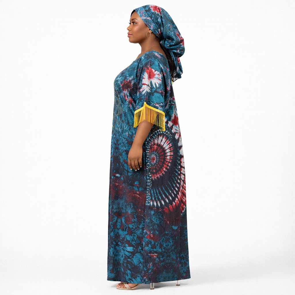 Tie Dye Print Embellished Kaftan Dress with Tassel Sleeves