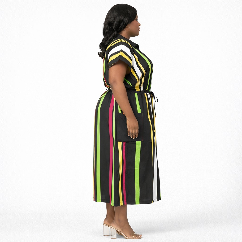Multicolor Stripe Shirt Dress with Drawstring Waist