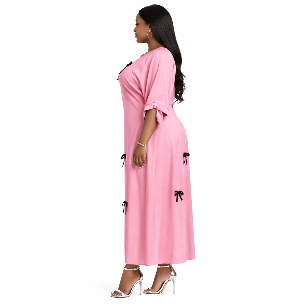 Womens Elegant Pink Long Sleeve Midi Dress with Ribbon Tie Details