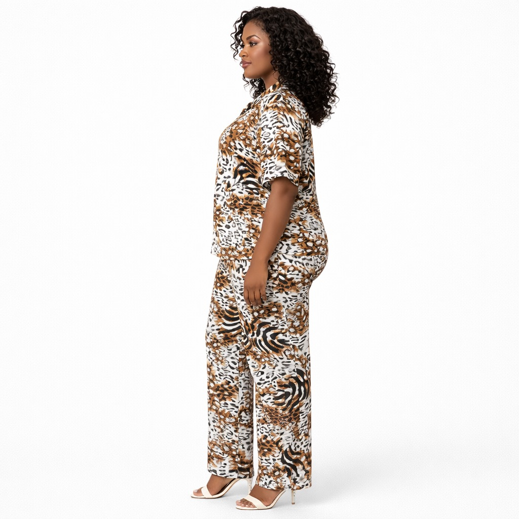 Mixed Animal Print Two Piece Set with Collared Top