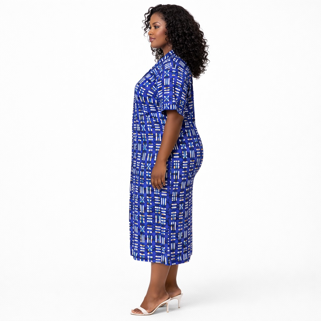 Abstract Print Zip Front Kaftan Dress with Pockets