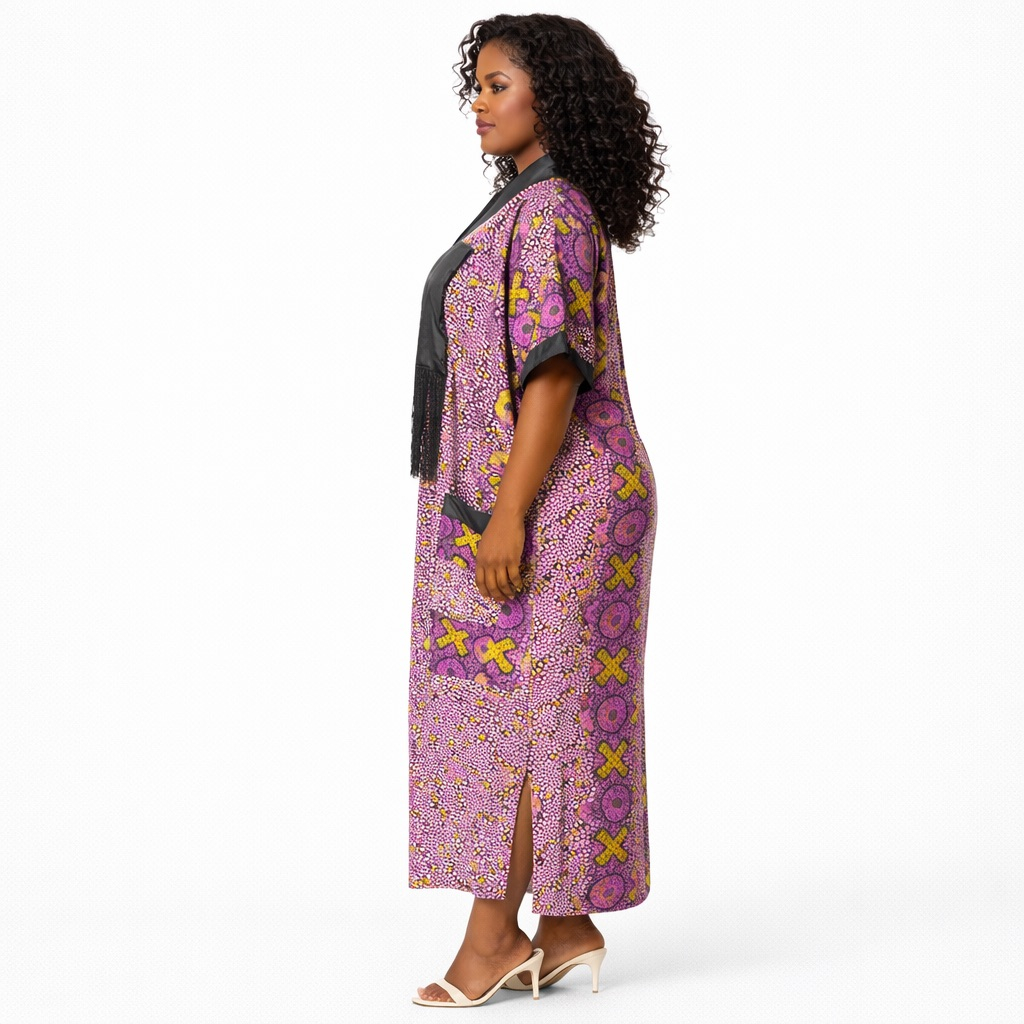 Ankara Print Kaftan Dress with Contrast Panel and Pockets