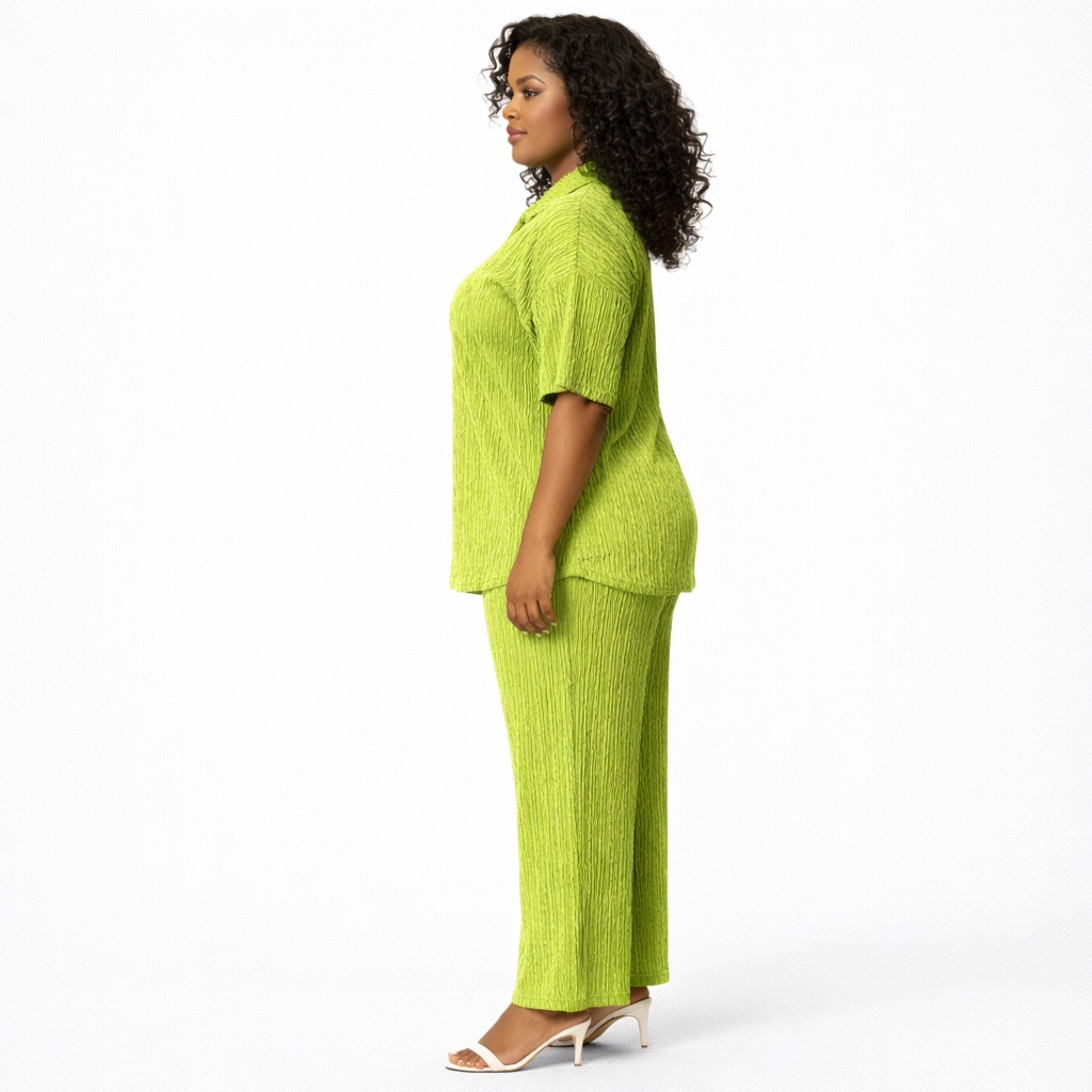 Textured Lime Green  Two Piece Lounge Set with Collared Top