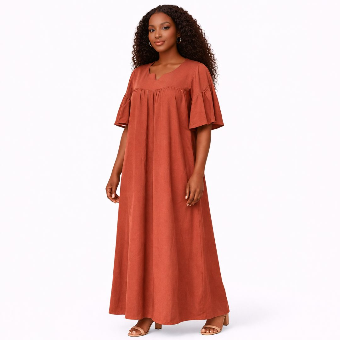 Women Rust Brown Maxi Dress with Flared Sleeves