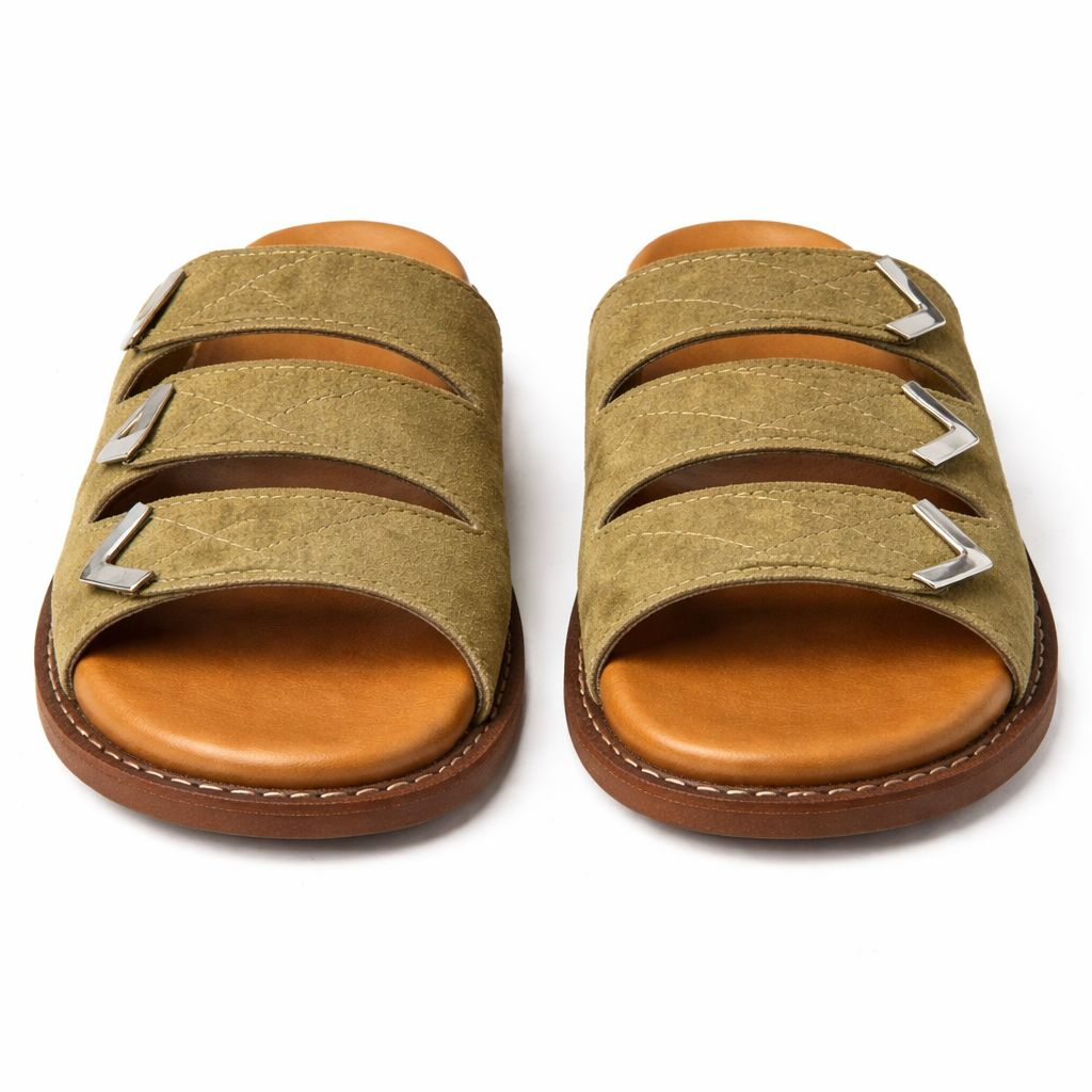 Premium Light Brown Triple Strap Leather Slide Slippers with Metal Accent Buckles
