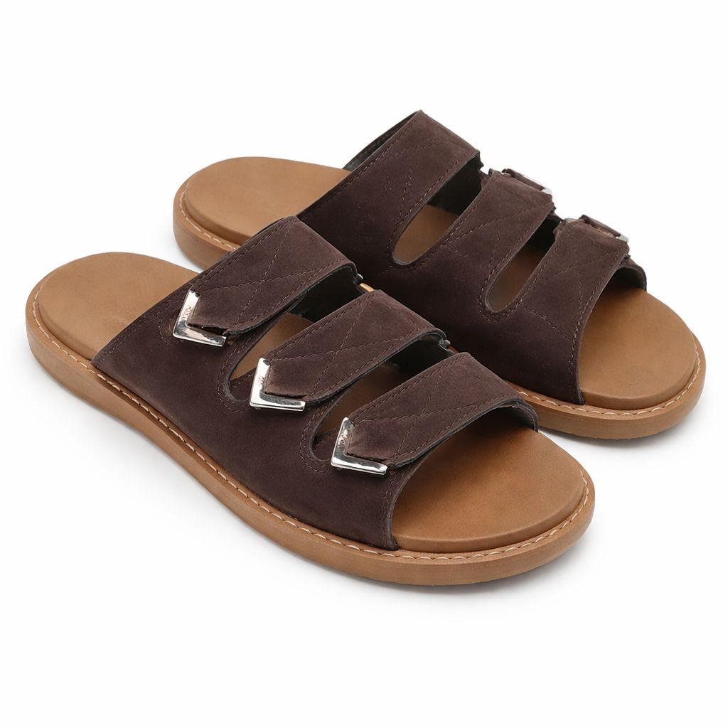 Premium  Dark Brown Triple Strap Leather Slide Slippers with Metal Accent Buckles