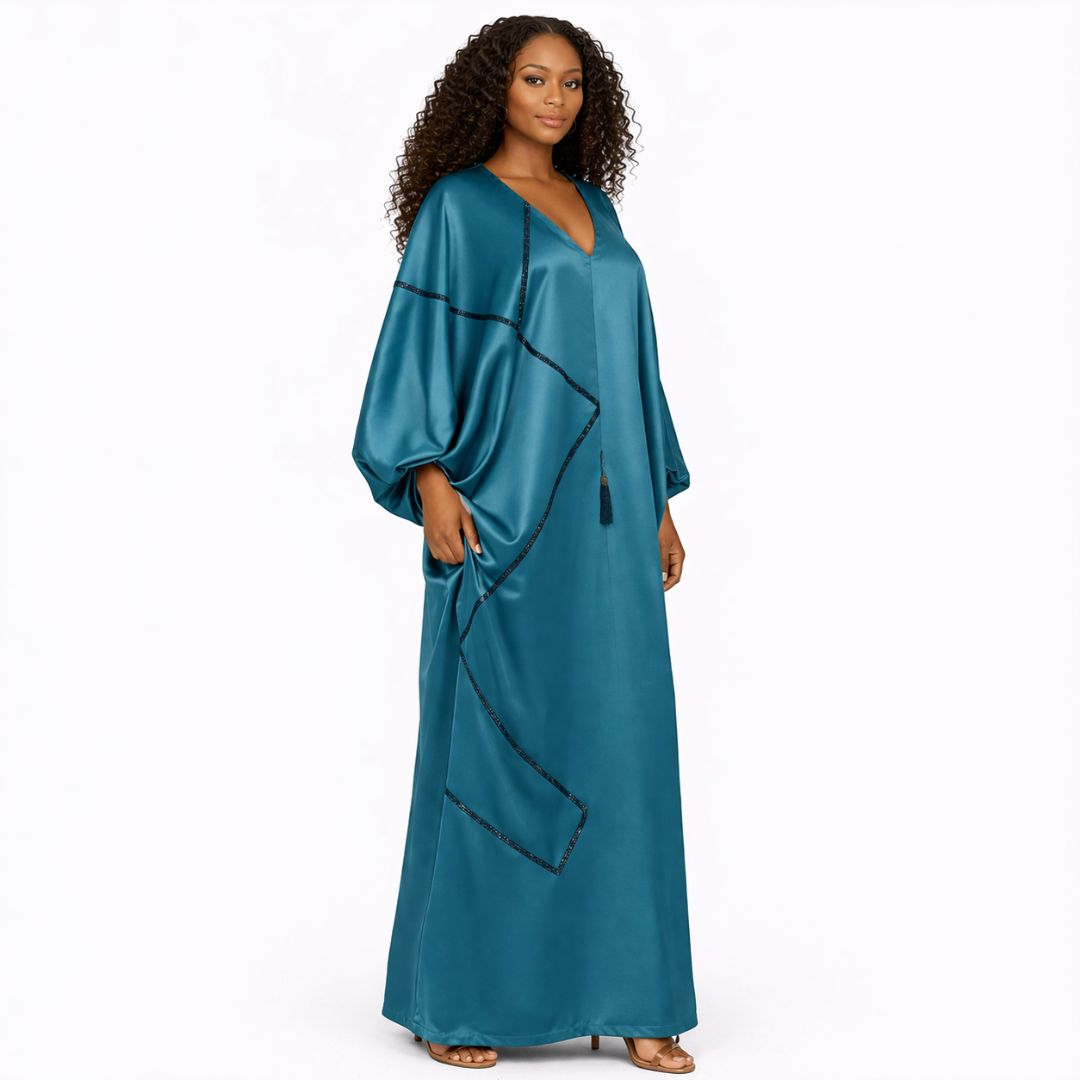 Women Teal Draped Kaftan Dress with V Neck Detail
