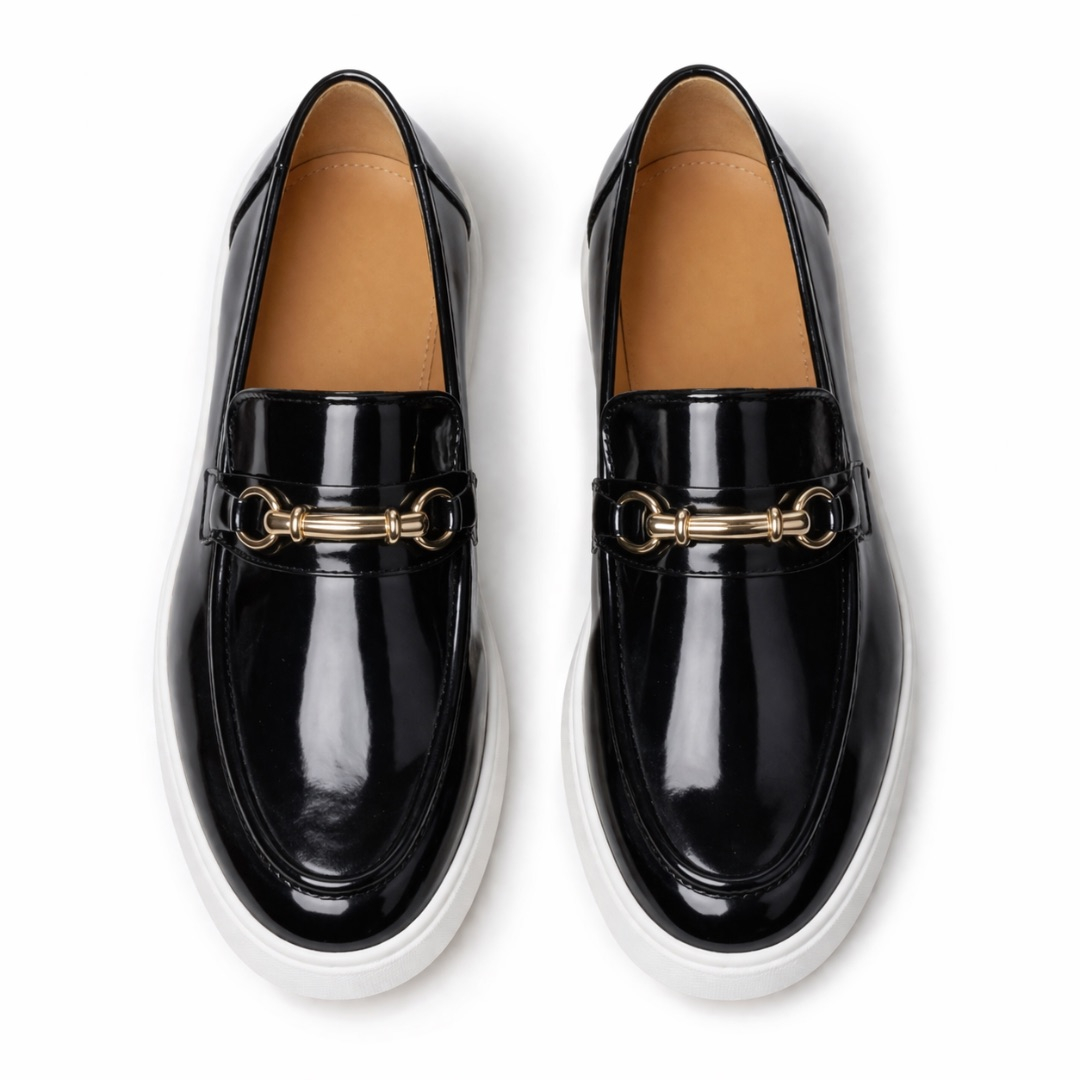 Glossy Leather Loafers with Metal Bit Detail