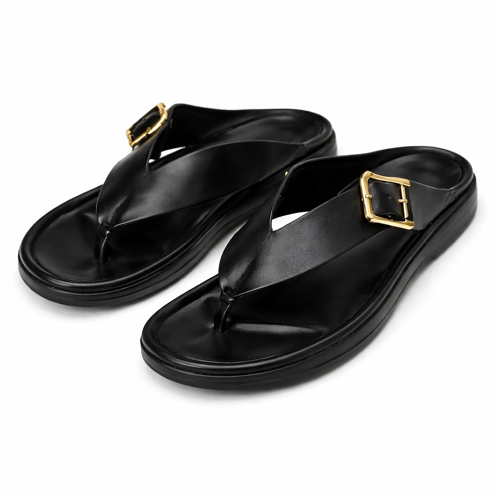 Minimal Leather Toe Post Sandals with Gold Buckle