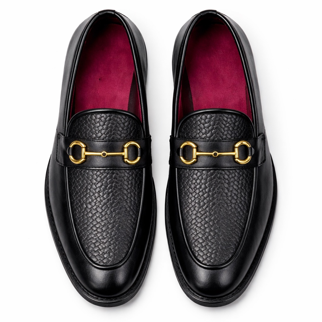 Black Textured Leather Loafers with Gold Bit Detail