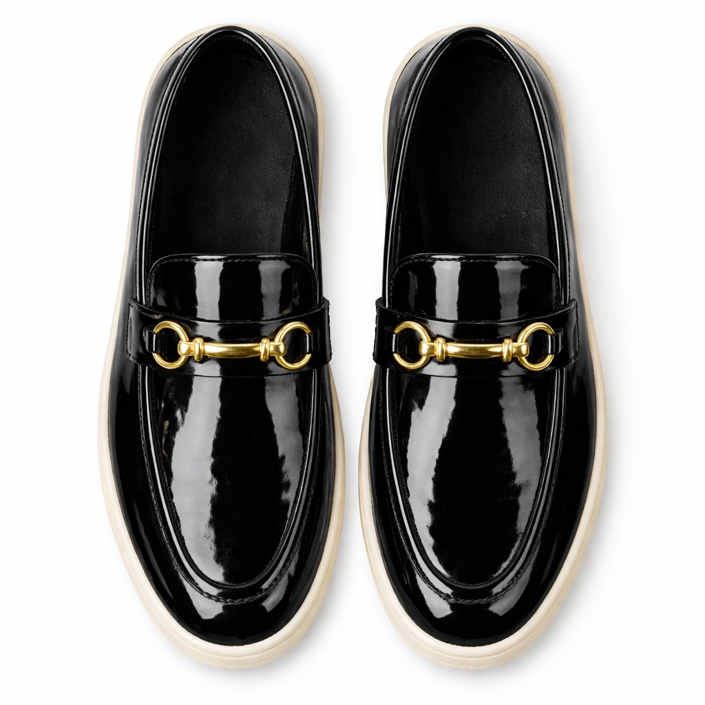 Patent Leather Loafers with Gold Bit and Contrast Sole