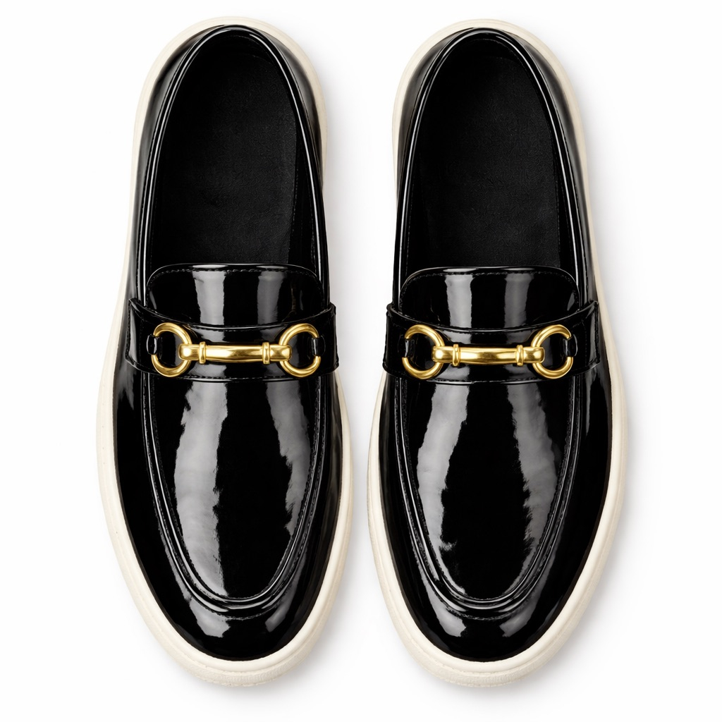 Sleek Patent Leather Loafers with Gold Bit and Contrast Sole