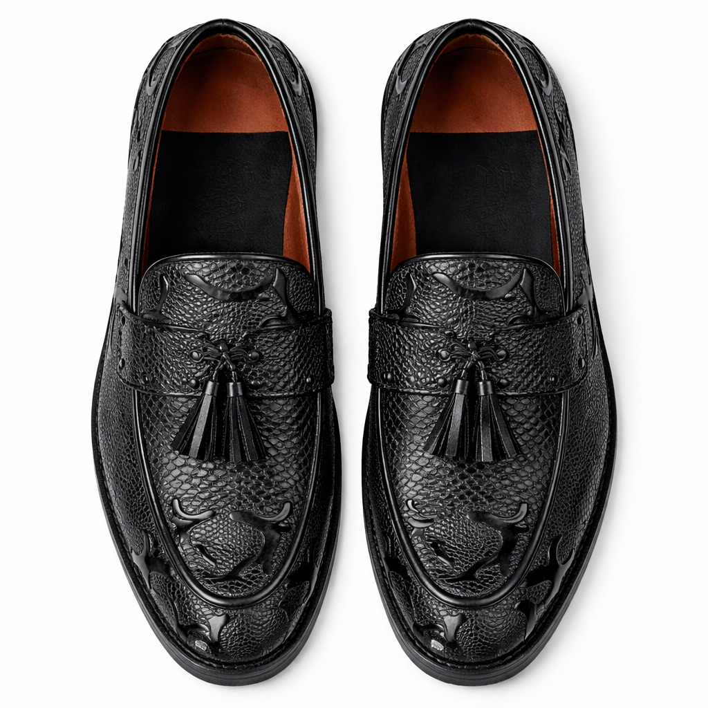 Embossed Leather Tassel Loafers with Rugged Sole