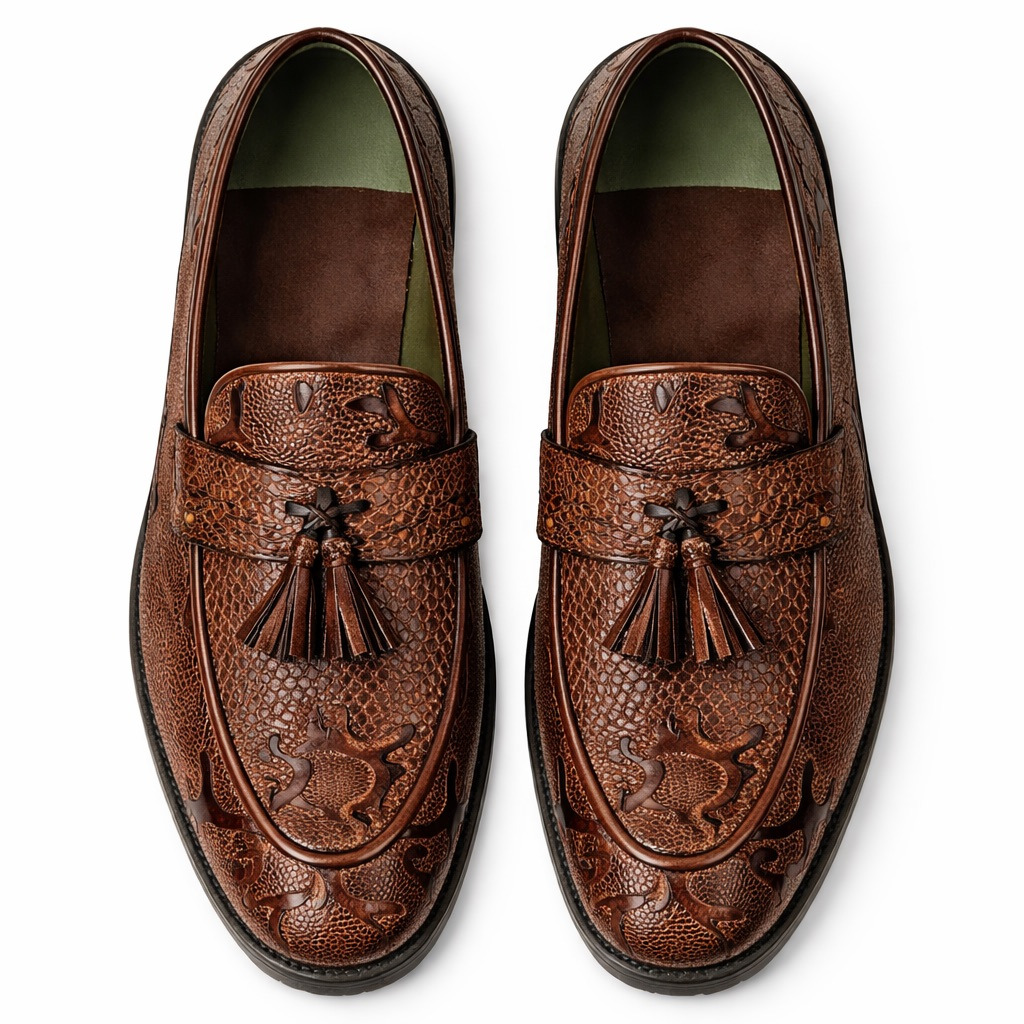 Brown Embossed Leather Tassel Loafers with Rugged Sole
