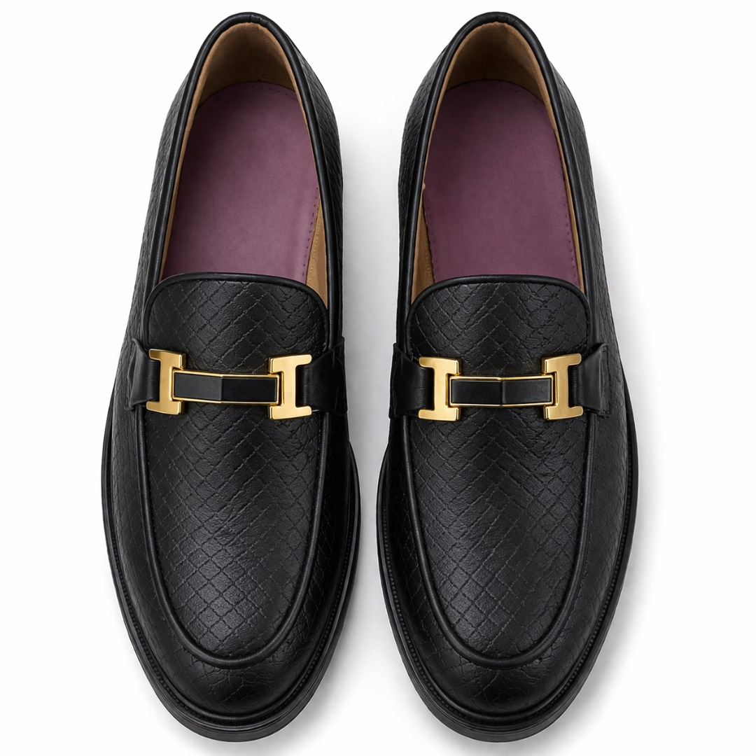Textured Leather Loafers with Gold Bar Detail