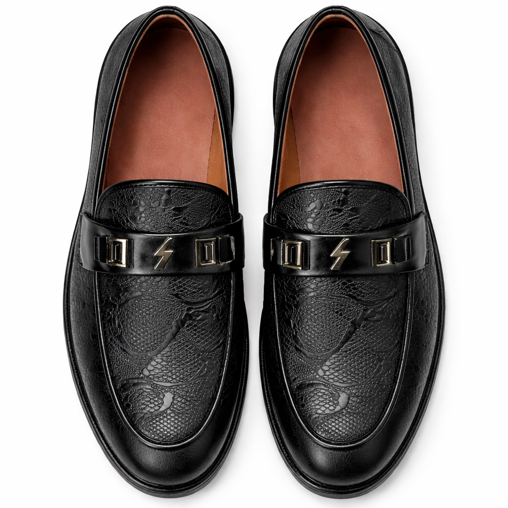 Embossed Leather Loafers with Metal Strap Detail