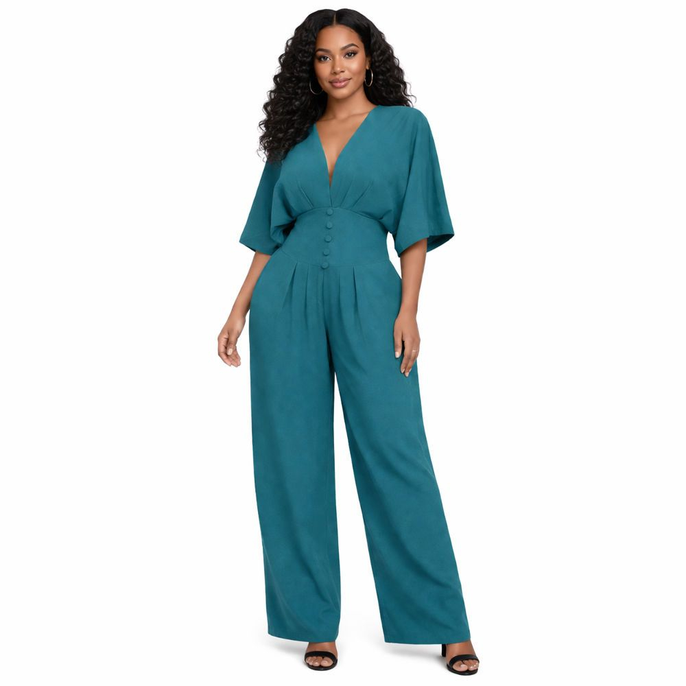 V Neck Cinched Waist Wide Leg Jumpsuit