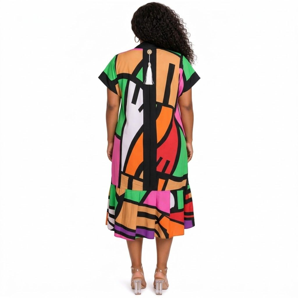 Colorful Kimono Style Robe with Abstract Pattern and Black Lapel