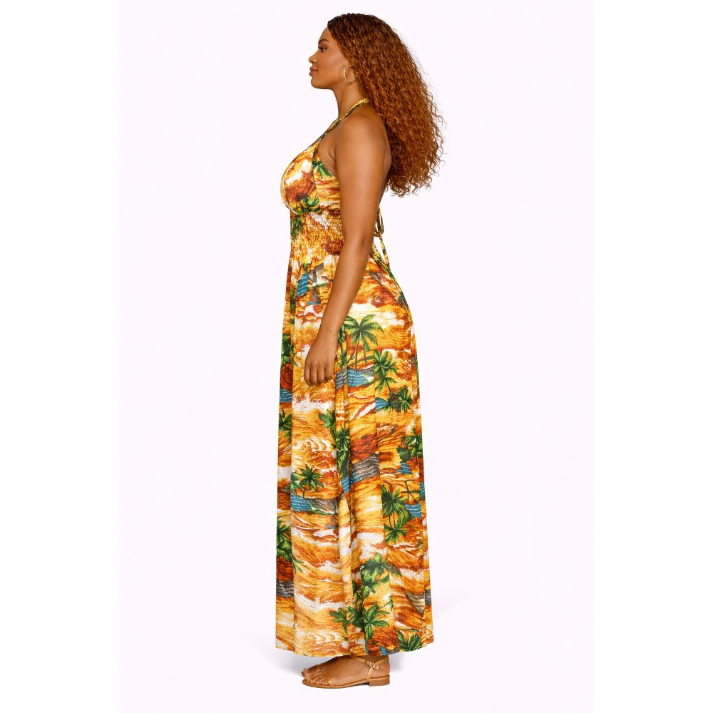 Women Tropical Print Maxi Dress Smocked Summer Outfit