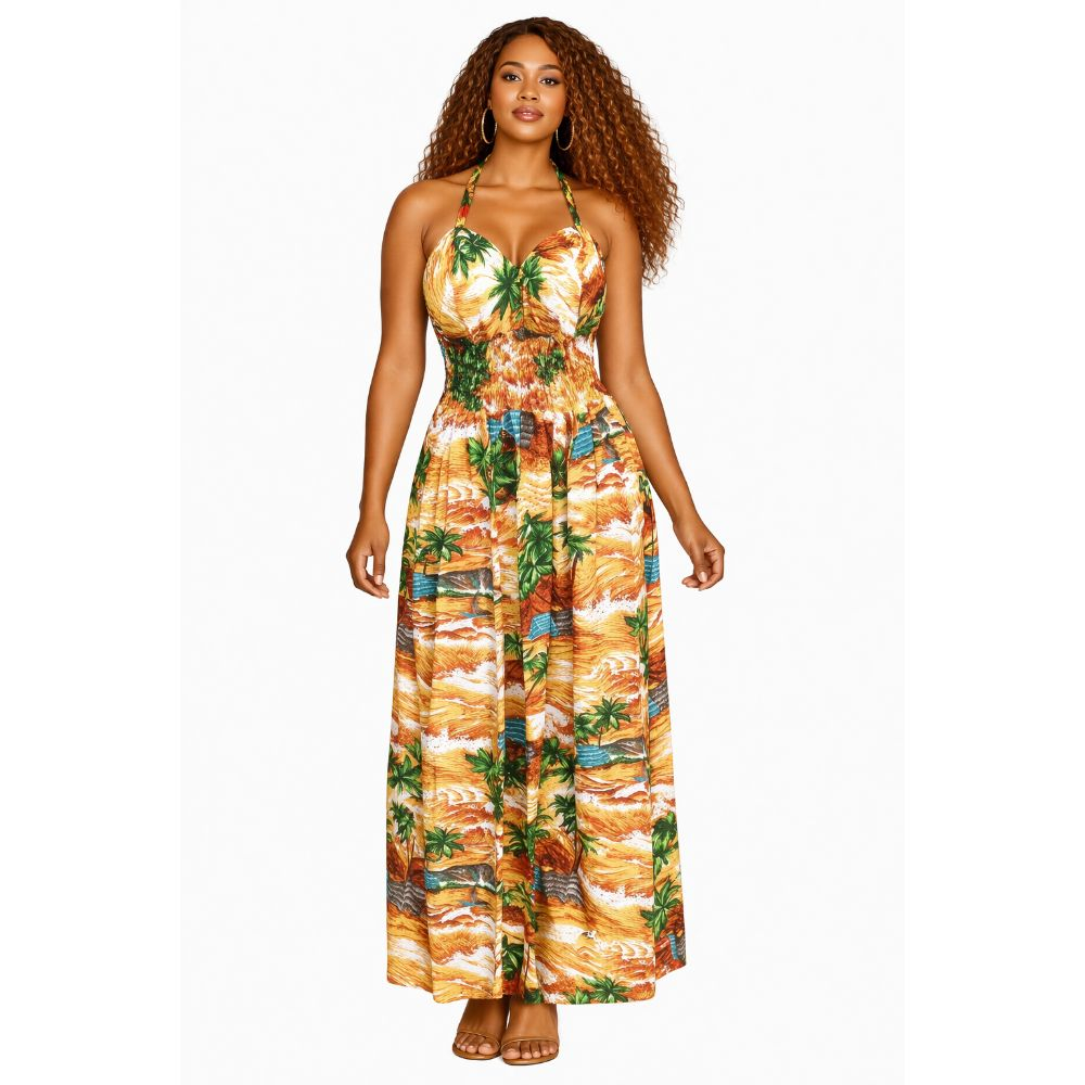Women Tropical Print Maxi Dress Smocked Summer Outfit