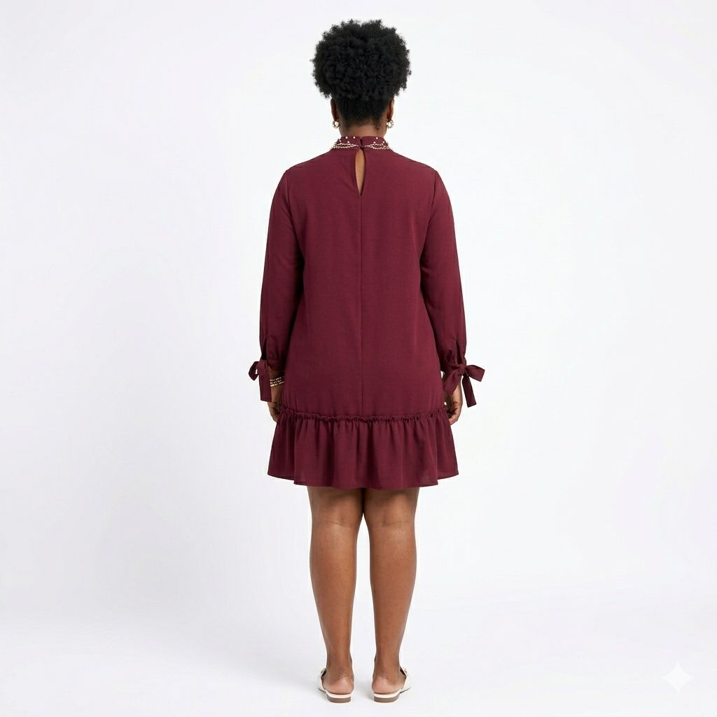 Wine High Neck Ruffle Hem Dress