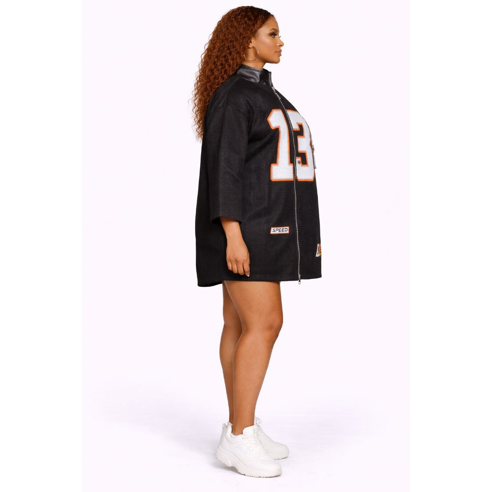 Black Sport Zip Up Jersey Top With Number Print