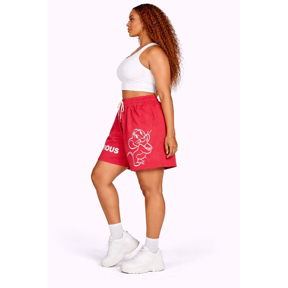 Casual Red Shorts with Cartoon Graphic and Adjustable Fit