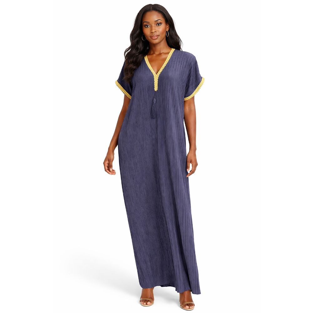 Pleated Maxi Kaftan Dress with Gold Trim