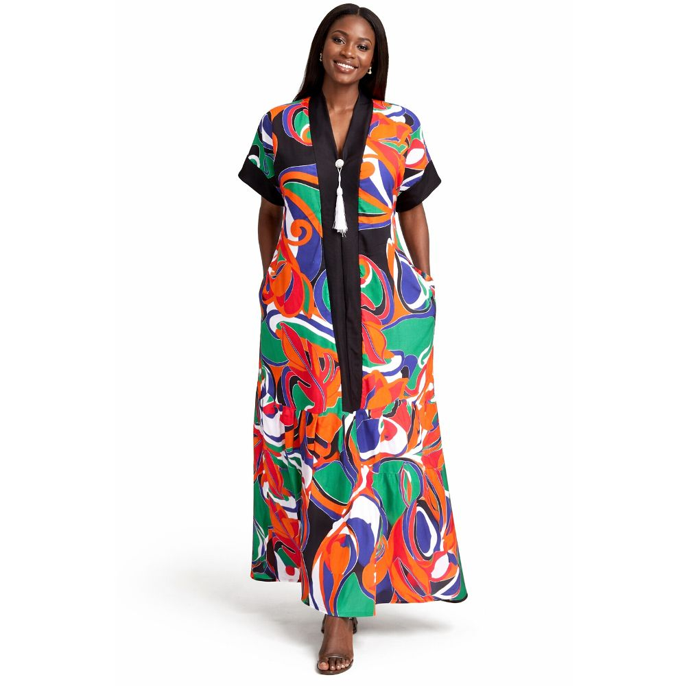 Abstract Print Maxi Kaftan Dress with Contrast Trim