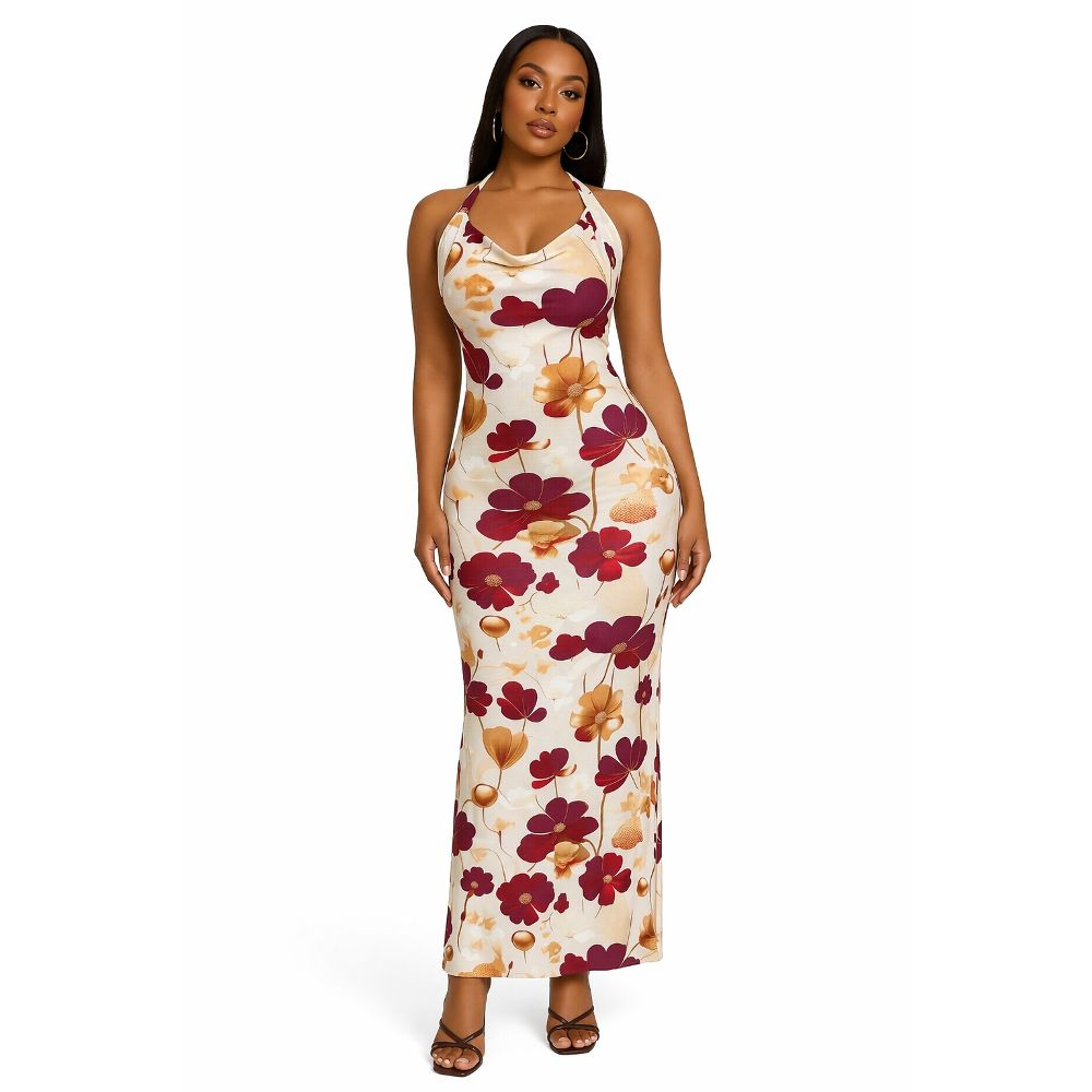 Womens Floral Print Backless Criss Cross Maxi Dress with Rear Slit