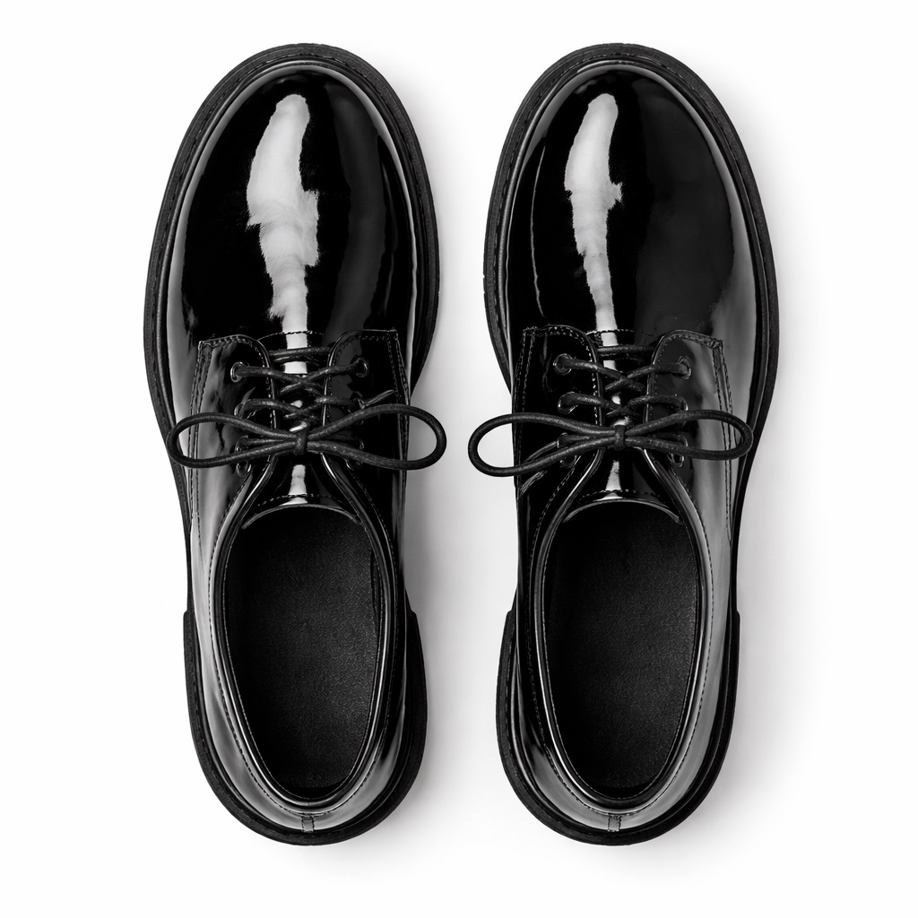Glossy Patent Leather Lace Up Casual Shoes with Rugged Sole   Black