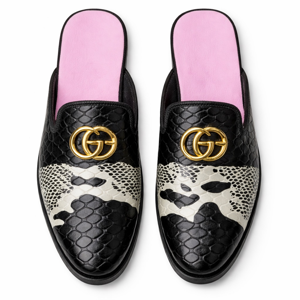 Snakeskin Pattern Croc Embossed Horsebit Backless Loafers    Black and White