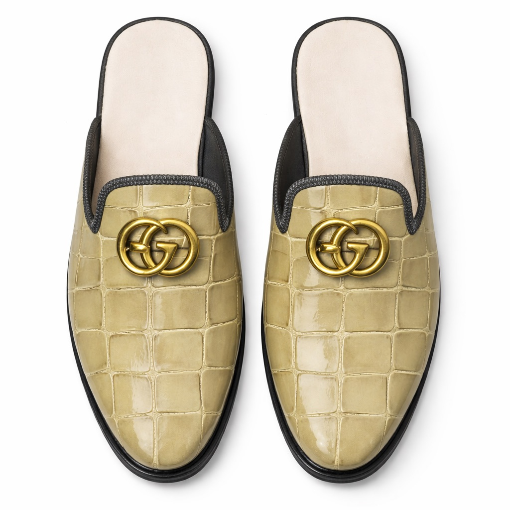 Croc Embossed Leather Horsebit Backless Loafers    Beige
