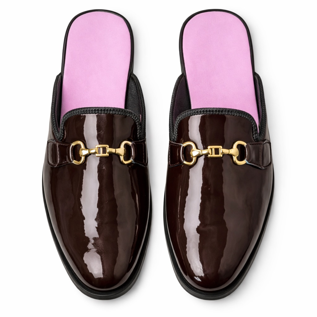 Glossy Patent Leather Horsebit Backless Loafers   Dark Brown