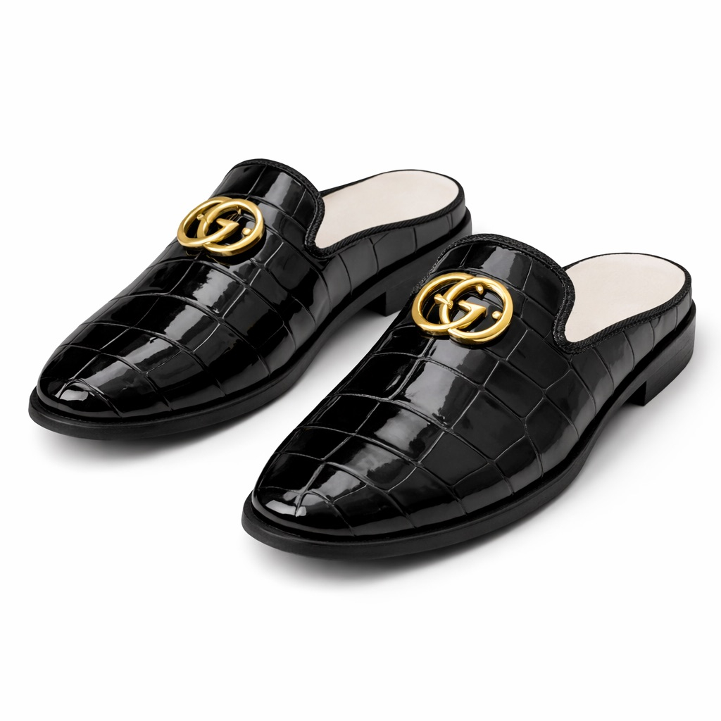Glossy Croc Embossed Horsebit Backless Loafers    Black