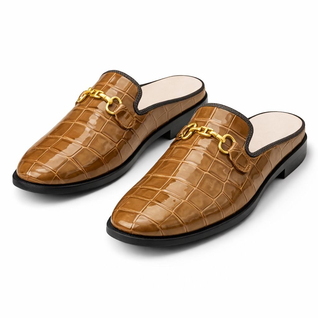 Glossy Croc Embossed Horsebit Backless Loafers   Tan Brown