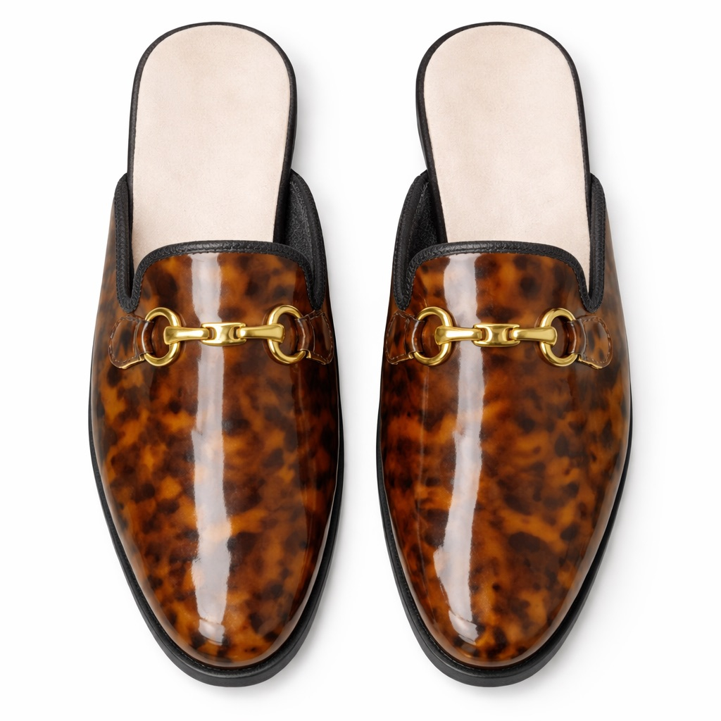 Glossy Tortoiseshell Horsebit Backless Loafers   Brown