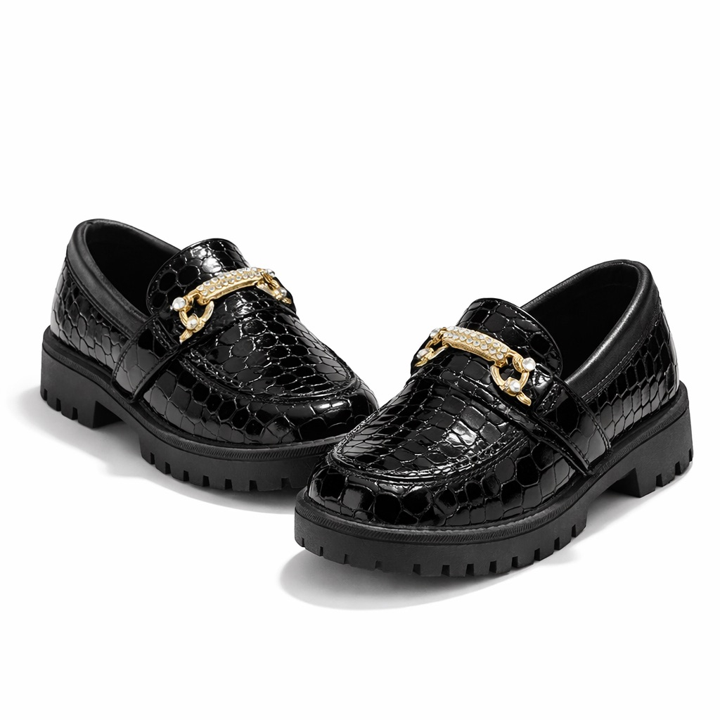 Glossy Croc Embossed Chain Detail Chunky Loafers  Black   For Kids