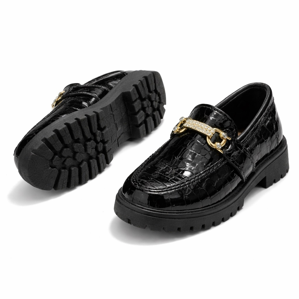 Glossy Croc Embossed Chain Detail Chunky Loafers  Black   For Kids