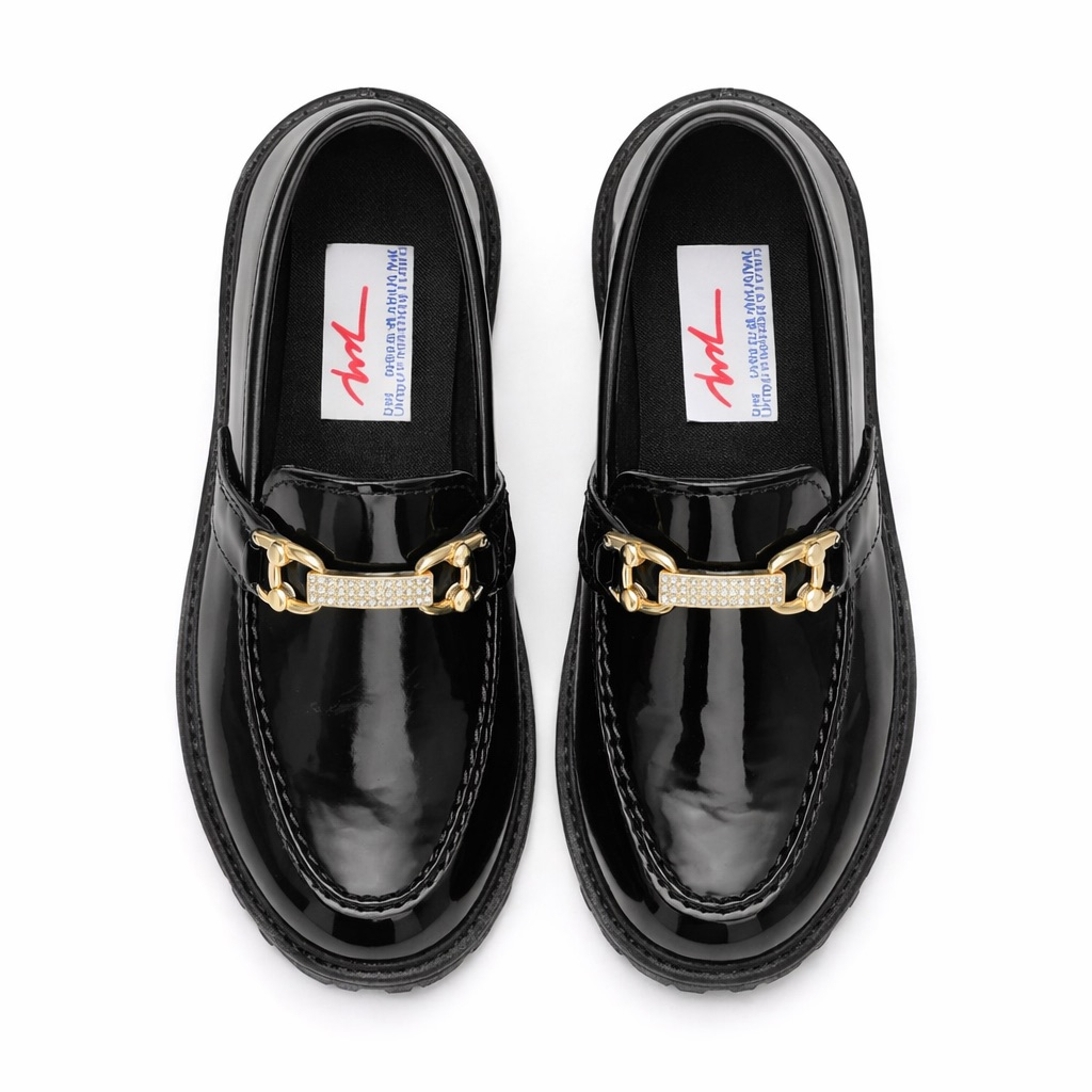 Glossy Patent Leather Chain Detail Loafers  Black   for Kids